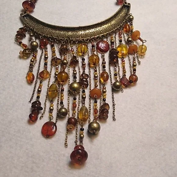 Elegant Gold and Brown Chain/Beaded Statement Necklace Boho Granny Chic - Picture 6 of 7